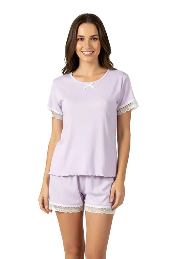 Woman Short Sleeves Laced Pyjama Set