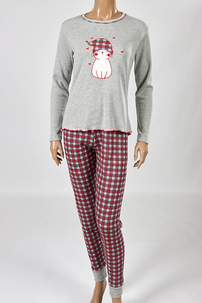 Christmas Cat Woman Thermal Embroidered Pyjama Set