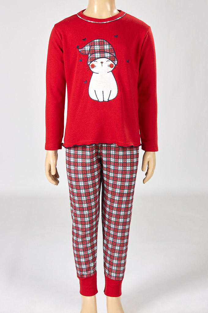 Pijama Bordado Cardado Niña Gatito Navidad