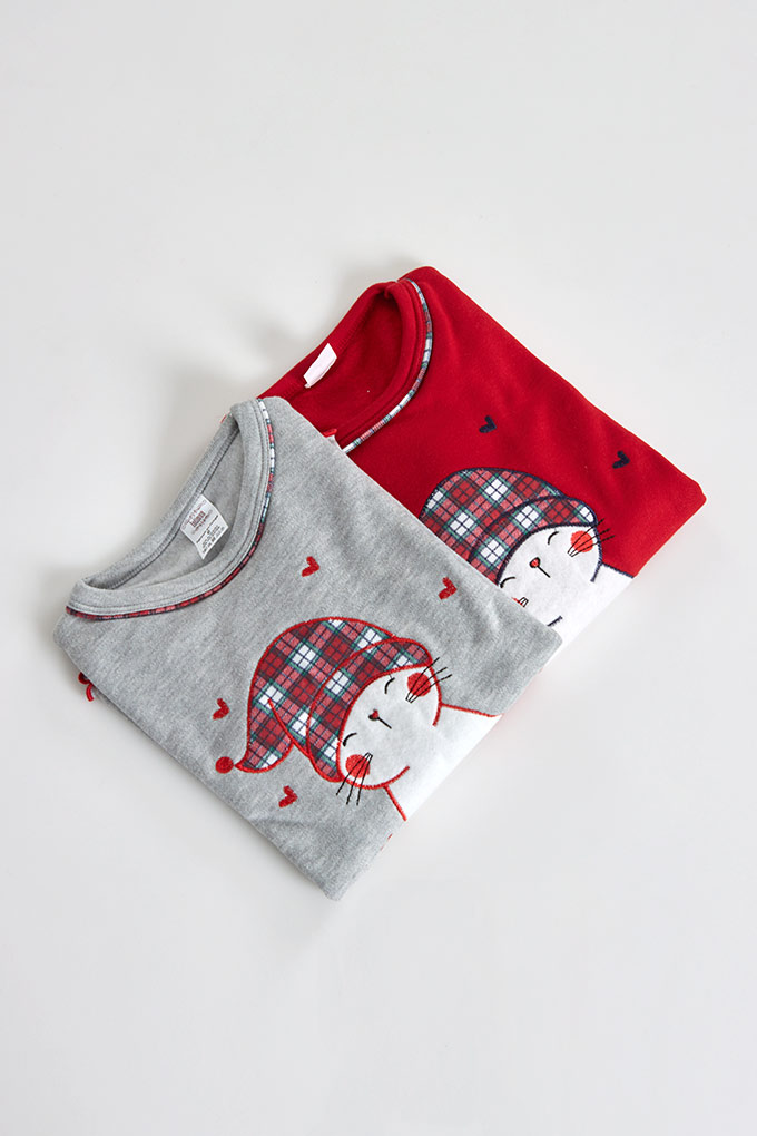 Christmas Cat Girl Thermal Embroidered Pyjama Set