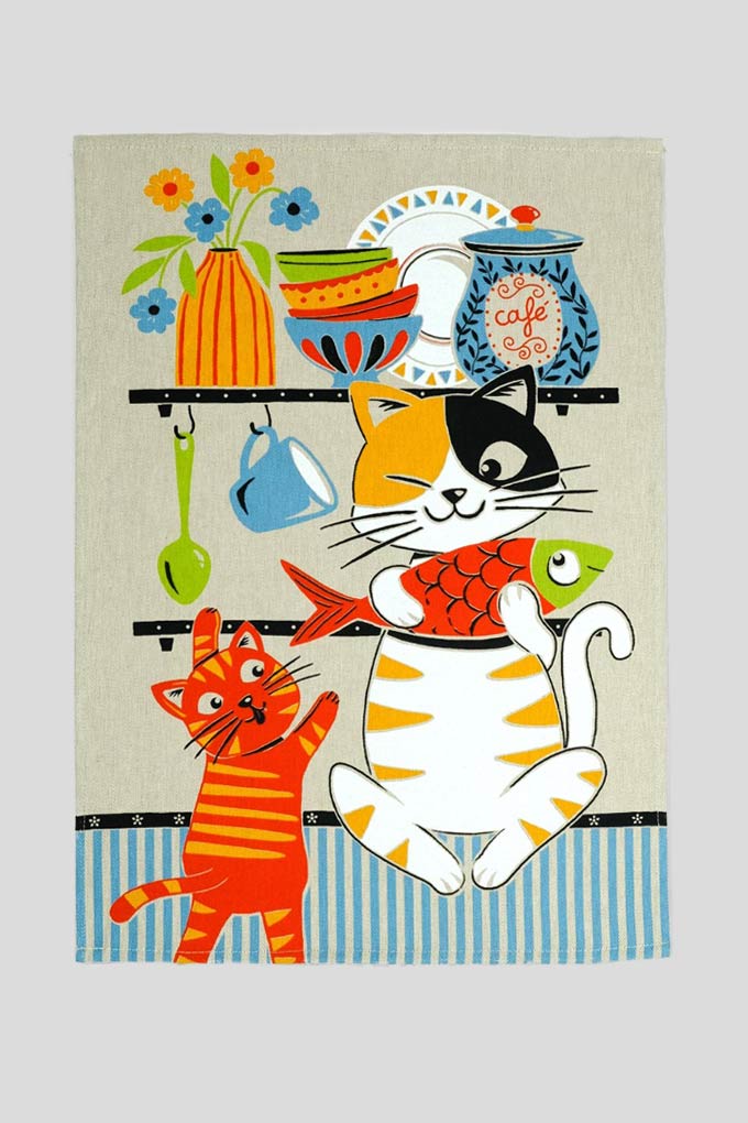 3 Cats at Party Printed Twill Kitchen Cloths