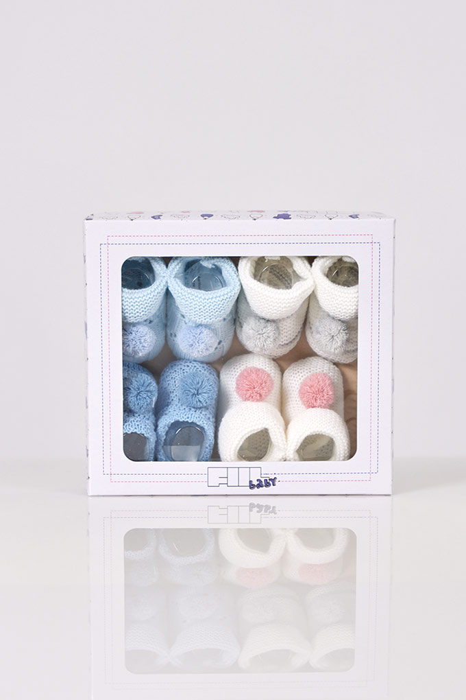 Box 4Pairs Baby Knitted Booties w/ Pompom