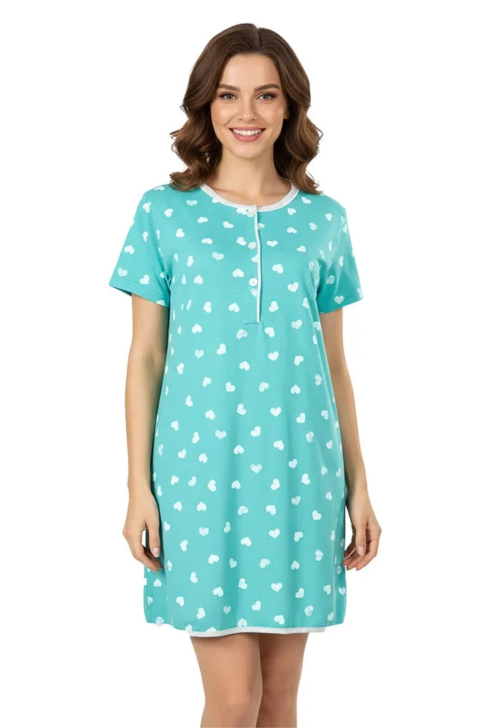 Hearts Woman Printed Night Shirt w/ Buttons