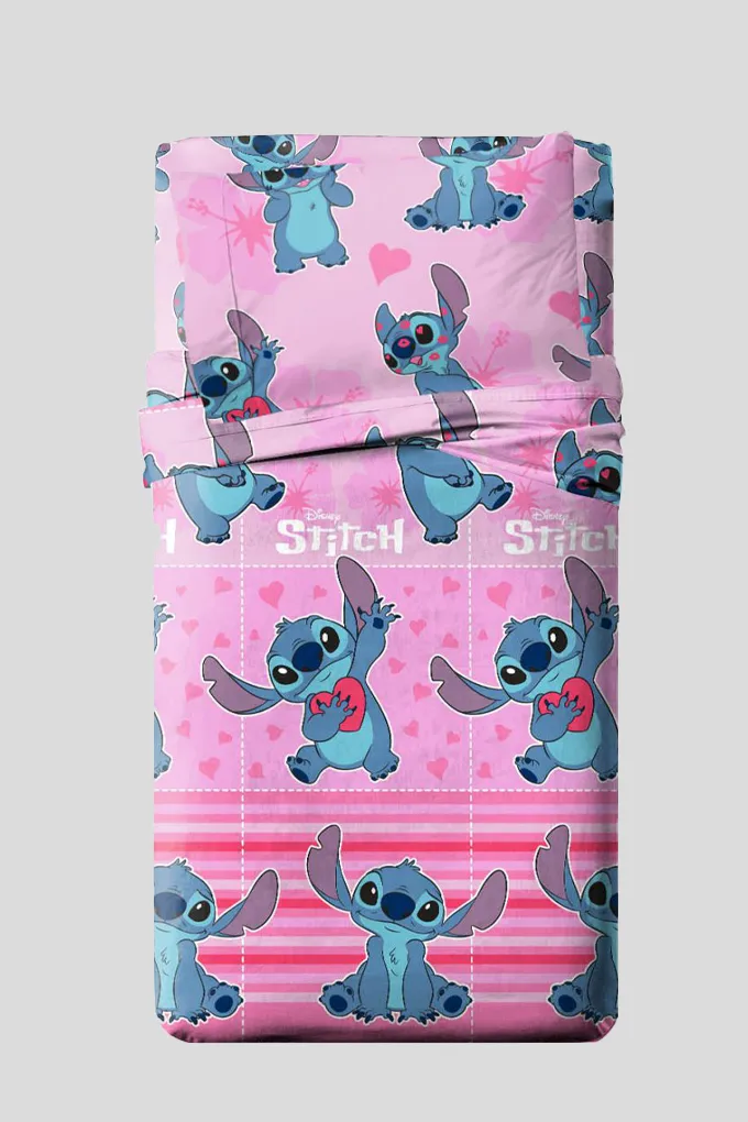 Pink Stitch Printed Cotton Sheets Set w/ Fitted Sheet