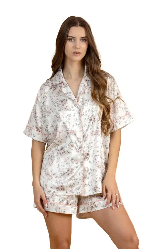 3046 Woman Short Sleeve Printed Satin Pyjama Set