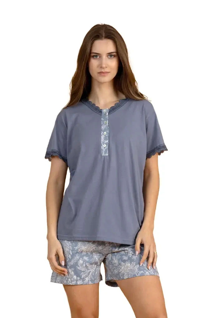 3042 Woman Short Sleeve Printed Laced Pyjama Set