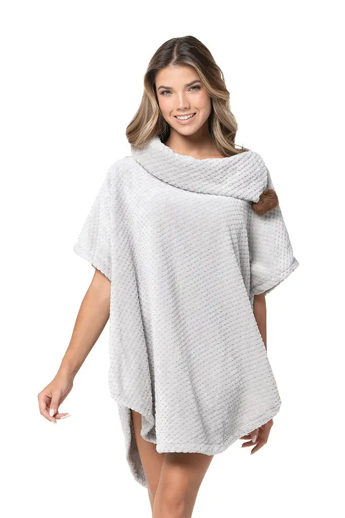 25117 Woman Coral Poncho with Pompom