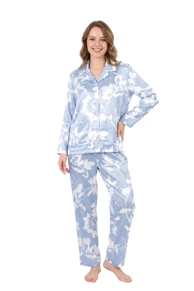 3111 Woman Printed Satin Shirt Pyjama Set