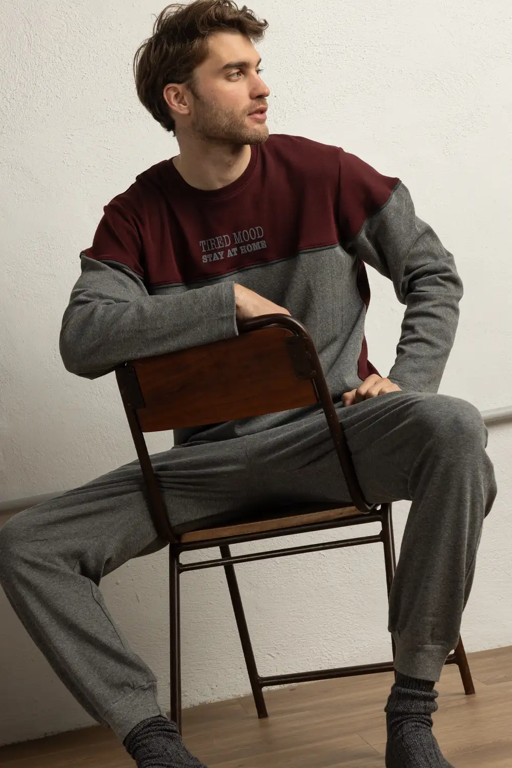 Pijama de homem de manga comprida em algodão com calça de punho