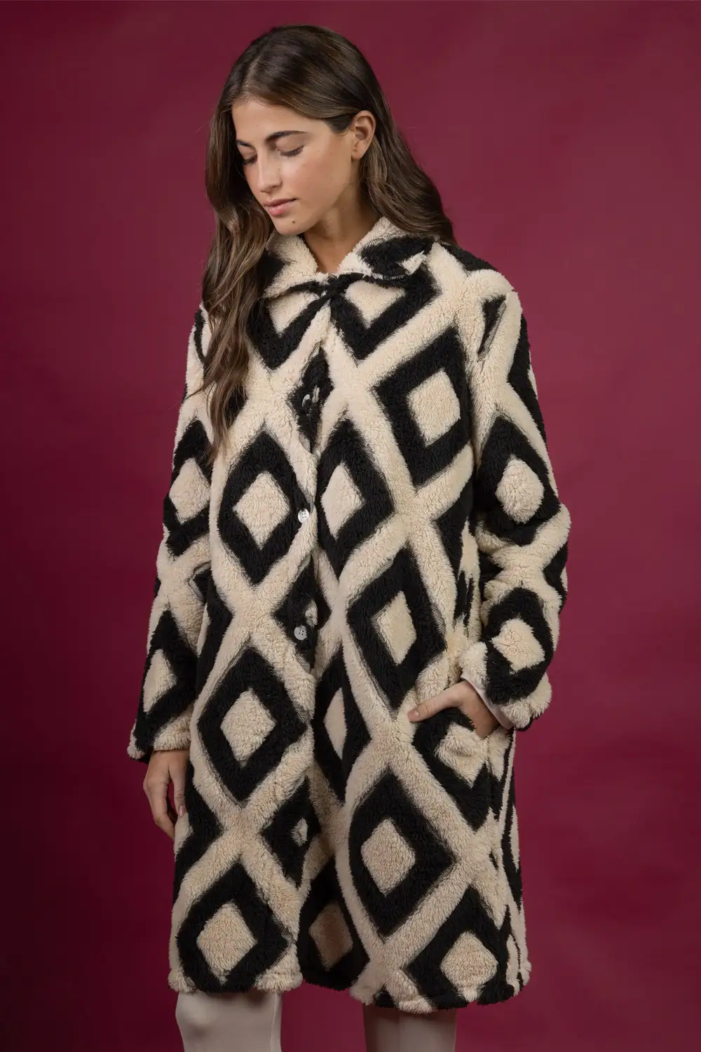 Women Geometric Sherpa Buttoned Robe Admas 67407