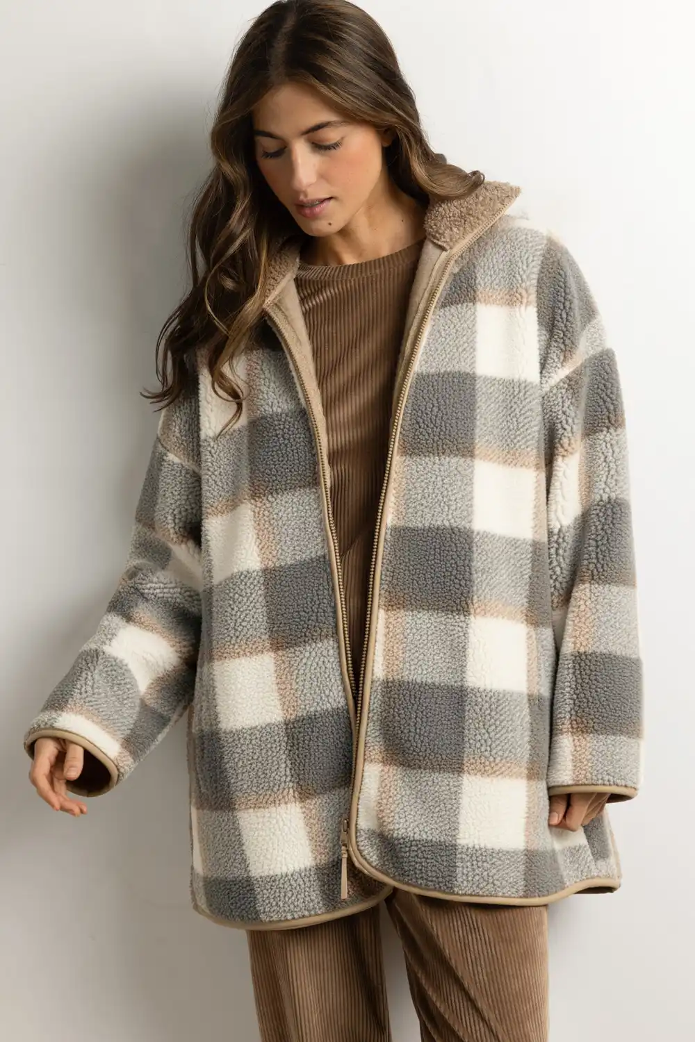 Women Checkered Sherpa Zip-up Robe Admas 67413
