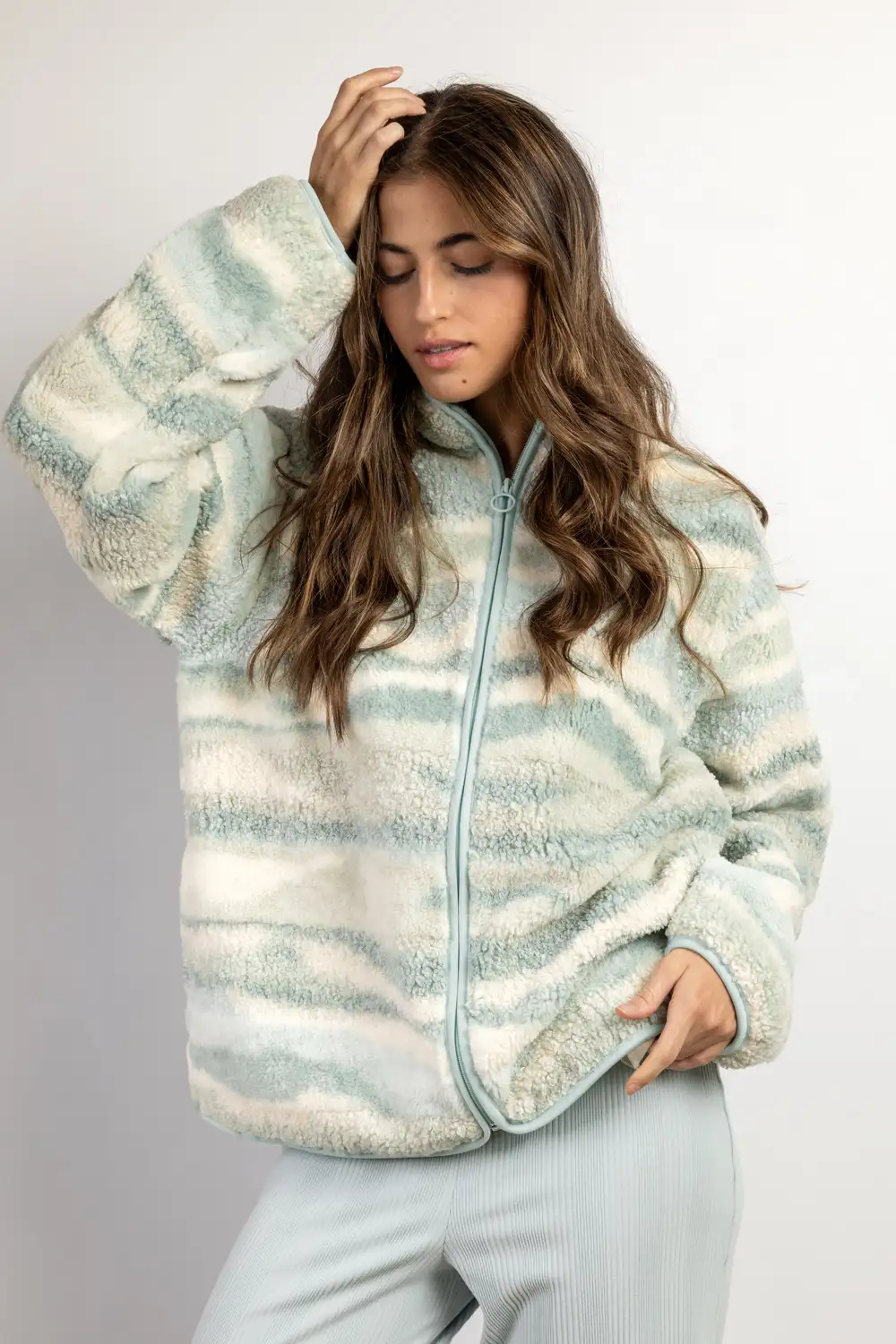 Women Striped Zip-up Jacket Soft Sherpa Admas 67414