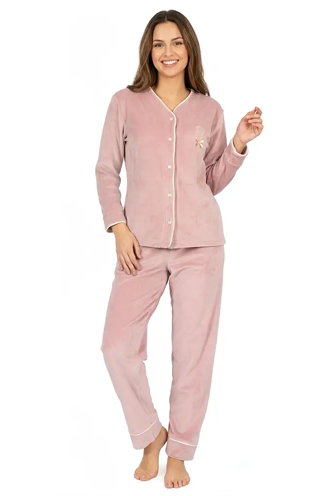 Women Long Sleeve Buttoned Velour Pyjama Sónia 3036