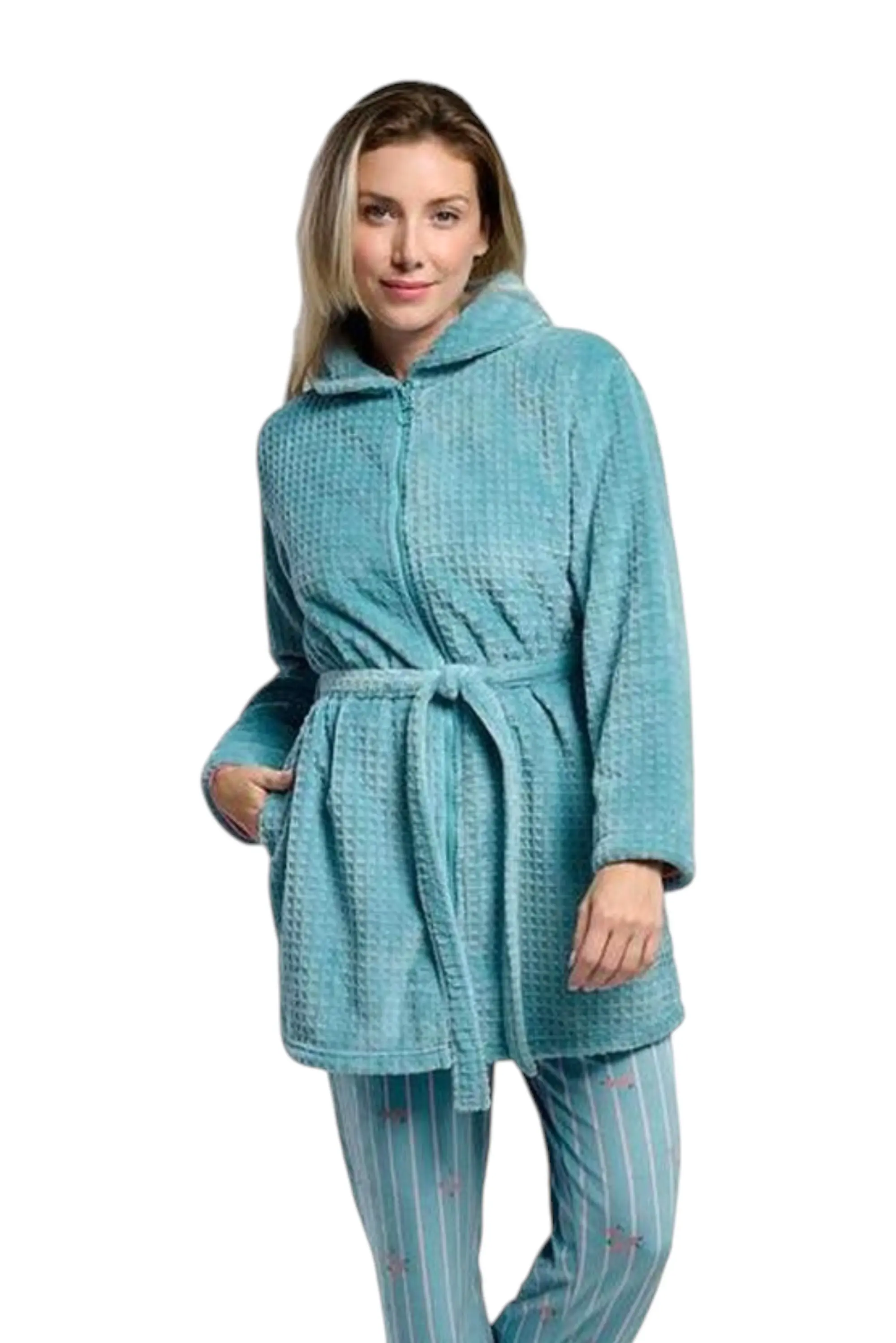 Women Hooded Coral Fleece Zip Robe MuyDeMi 26239