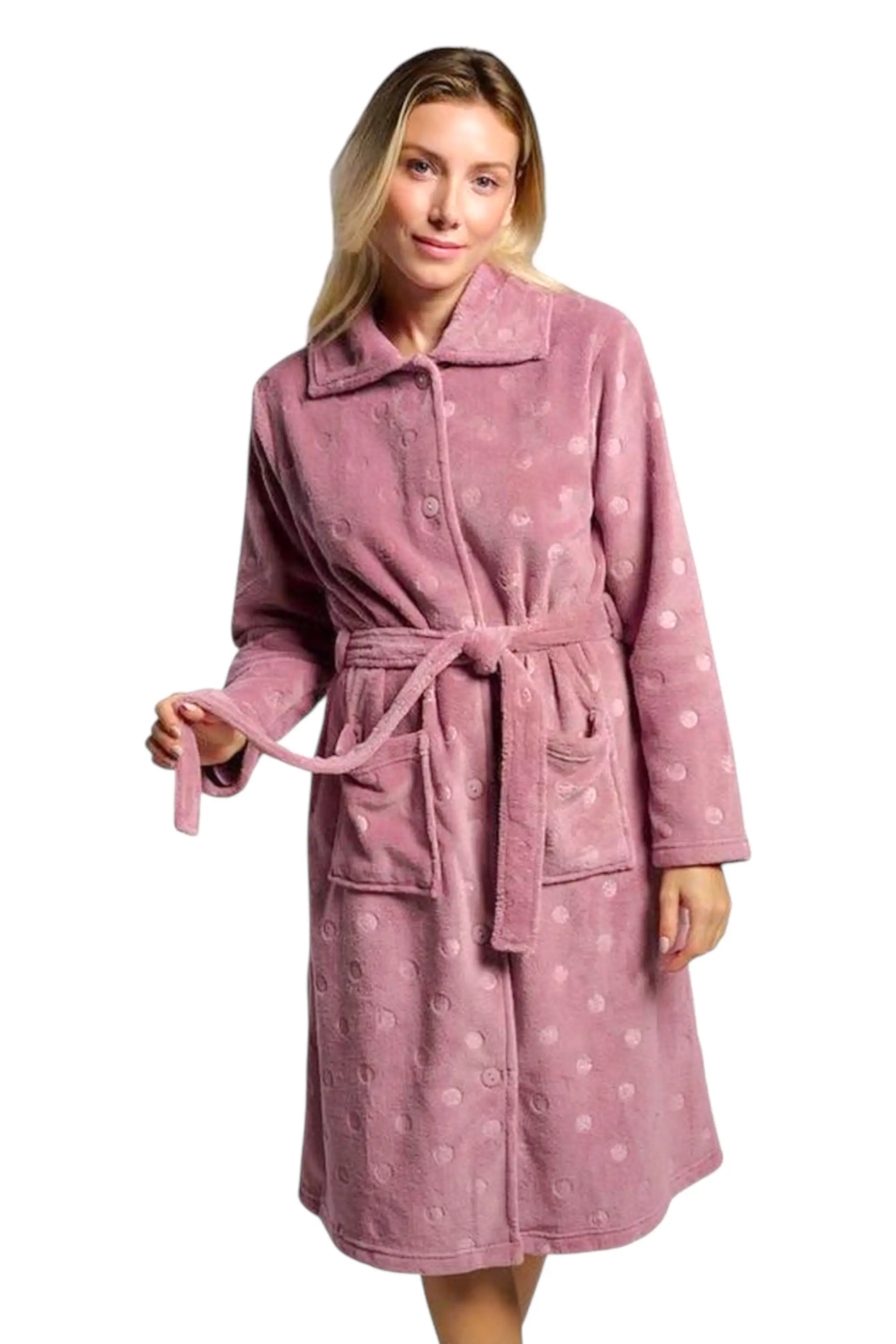 Women Polka Dot Buttoned Coral Fleece Robe MuyDeMi 26245