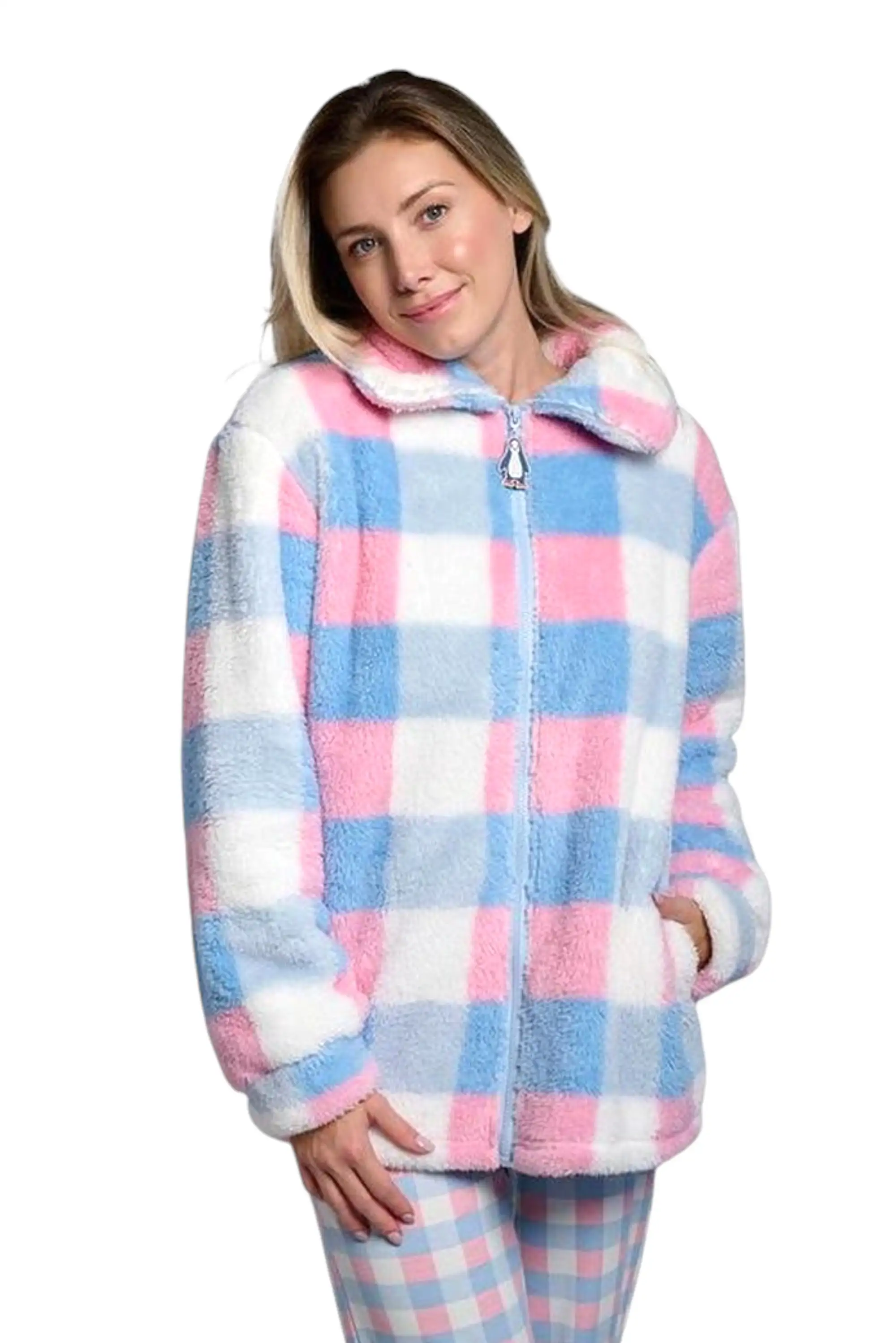 Women Checked Sherpa Zip Jacket Robe MuyDeMi 26252