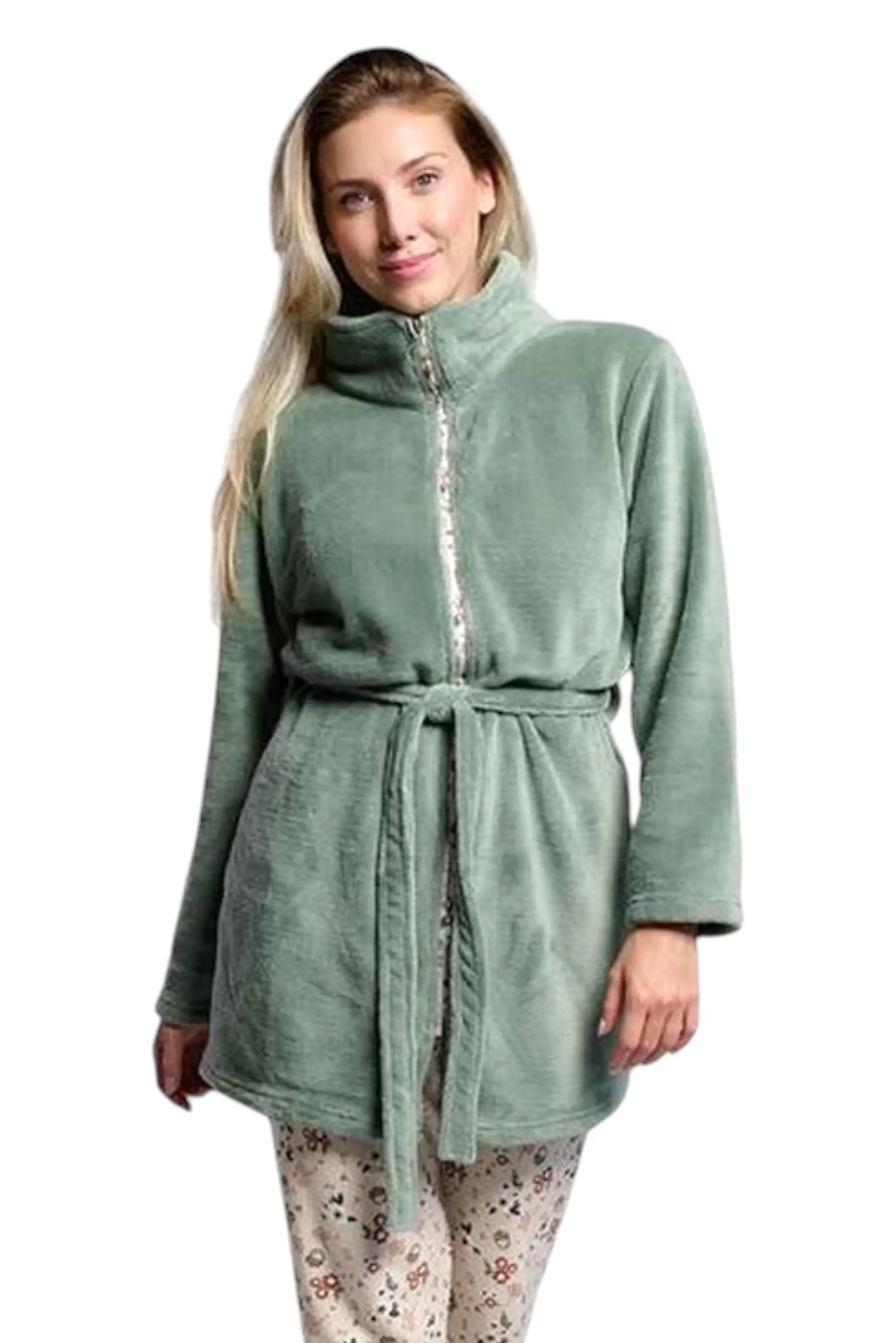 Women Coral Fleece Zip Robe Jacket MuyDeMi 26253