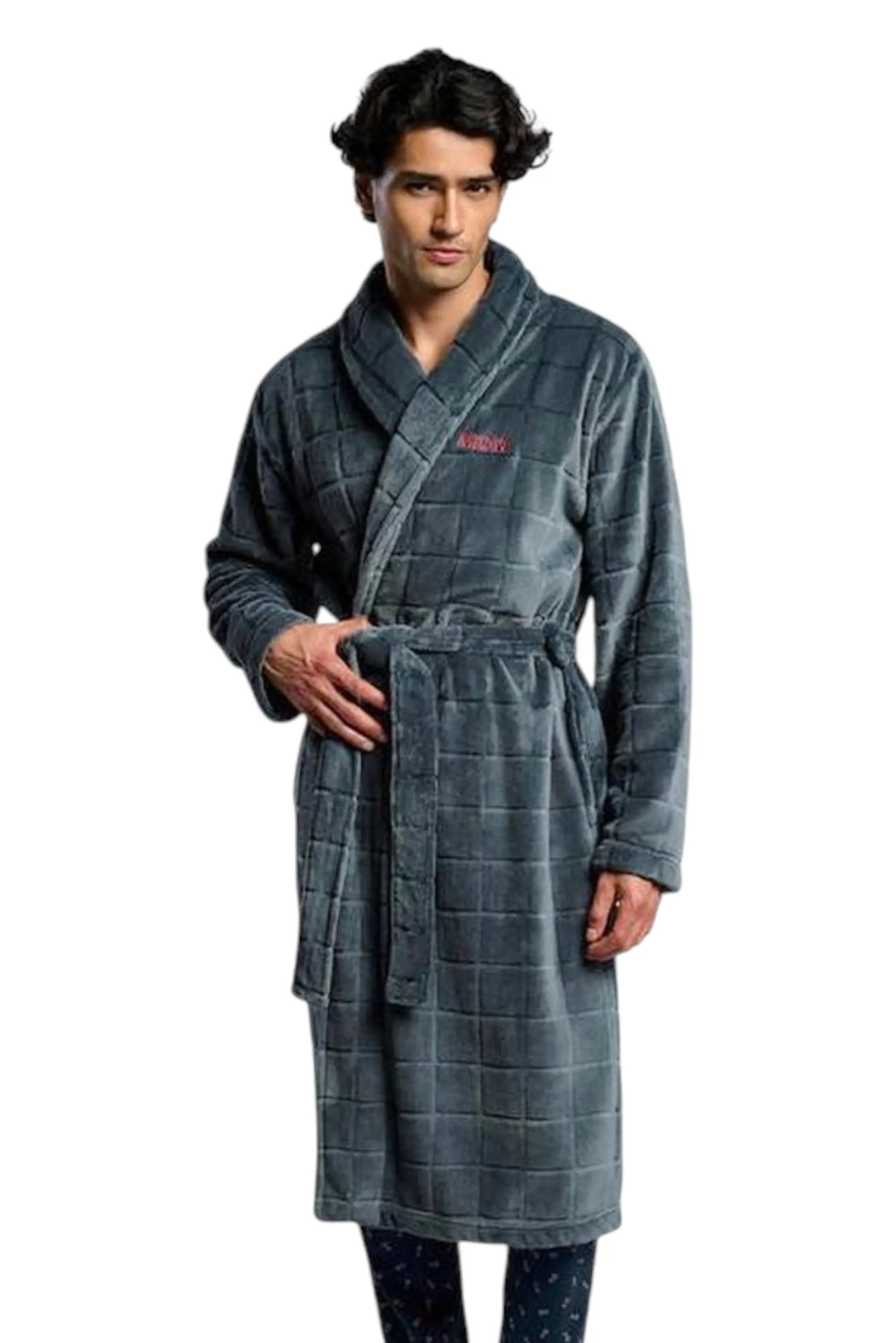 Men Coral Fleece Grid Pattern Robe MuyDeMi 26441