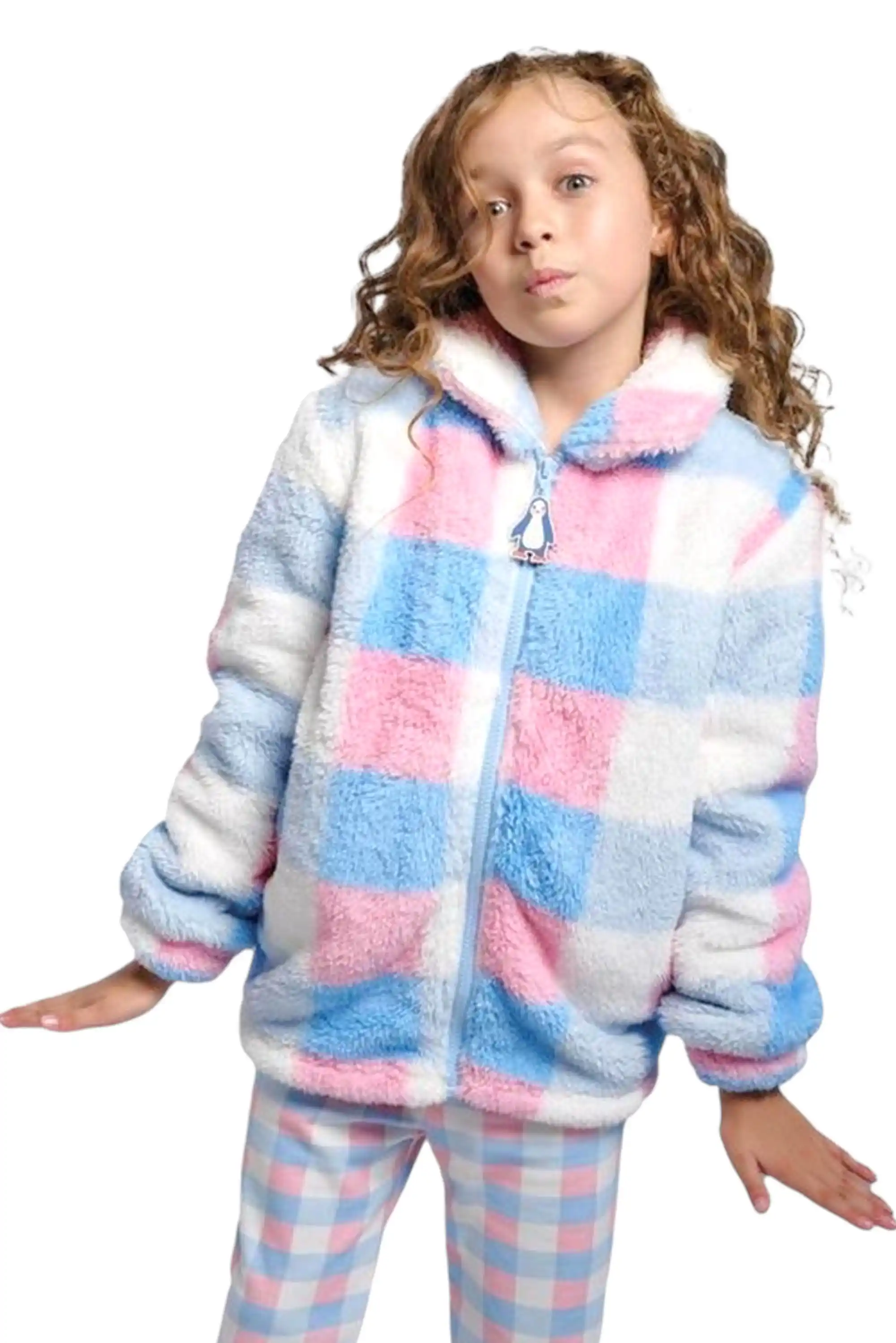 Girls Coral Fleece Checkered Zip-up Jacket MuyDeMi 26614