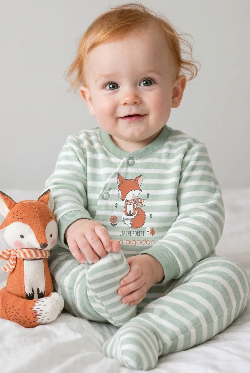 Striped Fox Print Soft Velour Babygrow Don Algodon 26W022