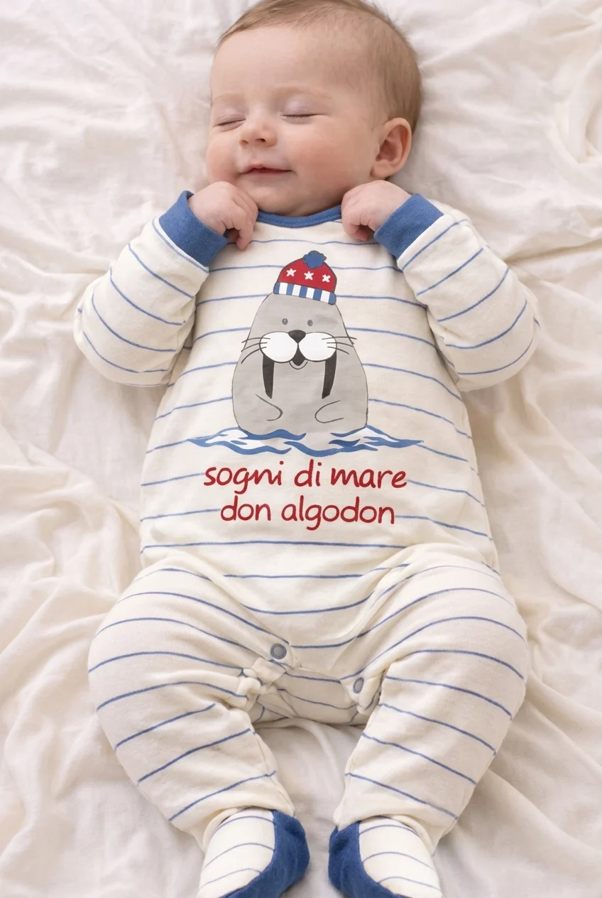 Striped Walrus Print Velour Babygrow Boys Don Algodon 26W026